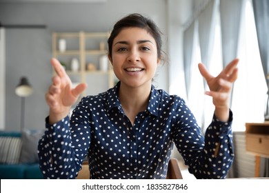 Webcam view Indian ethnicity woman sitting indoor talking using video conference call application. Tutoring on-line, easy communication remotely using modern technology and internet connection concept - Shutterstock ID 1835827846
