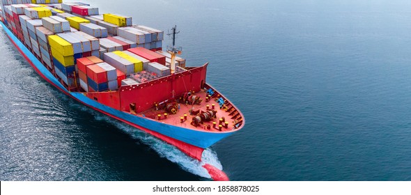 webinar banner, Aerial side view head of cargo ship carrying container and running 
near international sea port for export.