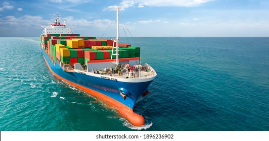 webinar banner, Aerial side view of smart cargo ship carrying container from custom container depot go to ocean concept freight shipping by ship service on blue sky background.