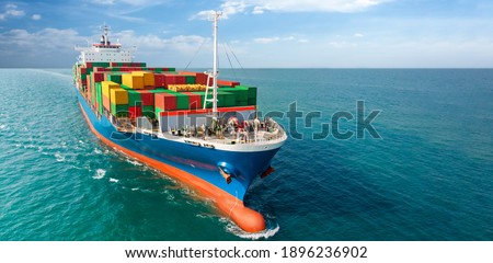 webinar banner, Aerial side view of smart cargo ship carrying container from custom container depot go to ocean concept freight shipping by ship service on blue sky background.  forwarder mast