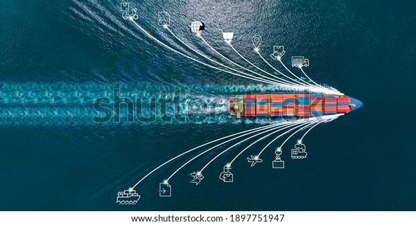 webinar banner, Aerial top view of cargo ship with\
contrail and smart icons on the ocean sea , ship carrying container\
export from container custom ocean concept freight shipping\
forwarder mast