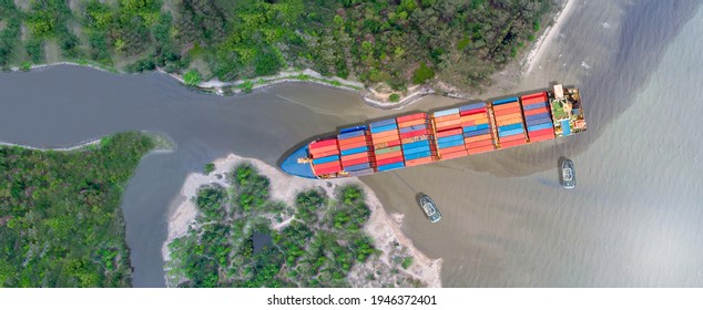 webinar banner, Canal blocked by huge cargo container ship; Aerial top view of accident container ship a stranded ship with salvage crews across the canal concept accident safety and insurance.