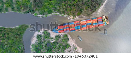 webinar banner, Canal blocked by huge cargo container ship; Aerial top view of accident container ship a stranded ship with salvage crews across the canal concept accident safety and insurance.