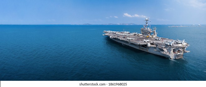 webinar banner, Nuclear ship, Military navy ship carrier full loading fighter jet aircraft for prepare troops.  forwarder mast - Shutterstock ID 1861968025