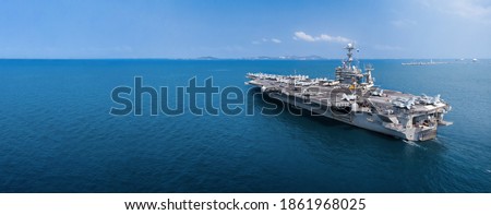 webinar banner, Nuclear ship, Military navy ship carrier full loading fighter jet aircraft for prepare troops.  forwarder mast