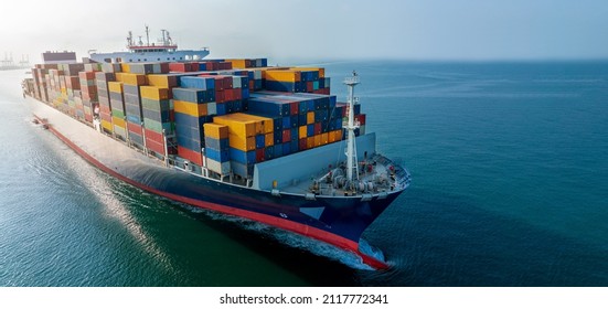 Webinar Banner,Aerial Side View Of Cargo Ship Carrying Container And Running For Export  Goods  From  Cargo Yard Port To Custom Ocean Concept Technology Transportation , Customs Clearance. Forwarder 