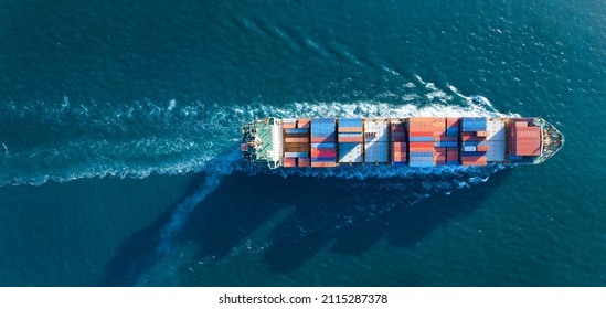 Webinar Banner,Aerial Top View Of Cargo Ship Carrying Container And Running For Export  Goods  From  Cargo Yard Port To Custom Ocean Concept Technology Transportation , Customs Clearance.  Forwarder