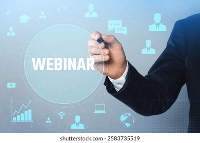 Webinar. Businessman using virtual screen with icons against grey background, closeup