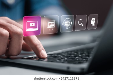 Webinar concept. E-learning training business technology, Internet conference and web based seminar. Person use laptop with webinar icon on virtual screen. - Powered by Shutterstock - Get 15% off with code: PIKWIZARD15