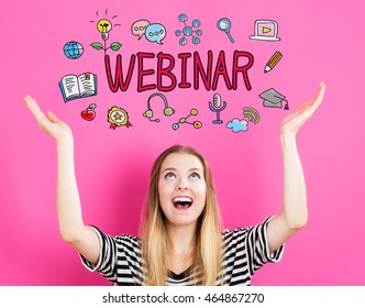 Webinar concept with young woman reaching and looking upwards