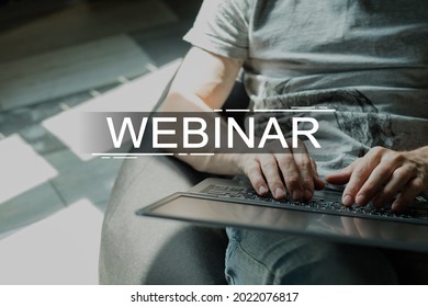 Webinar Course. Freelance Job Tutorial. Remote Learning. Distance Study. Digital Marketing Class. Unrecognizable Relaxed Man Using Laptop With Text Illustration.