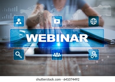 Webinar. E-Learning, Online Education concept. Personal development. Virtual screen.