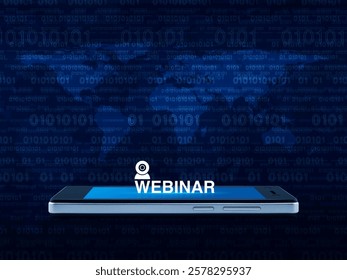 Webinar flat icon on modern smart mobile phone screen over world map and computer binary code blue background, Business seminar online concept, Elements of this image furnished by NASA