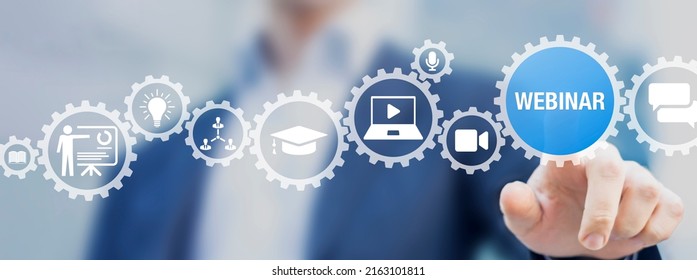 Webinar online education, conference, course, meeting on internet. Person touching button to join, enter or watch live stream. Communication technology on the web. E-learning concept. - Shutterstock ID 2163101811