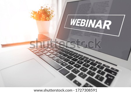 Webinar online, e-learning concept. Internet education on laptop closeup