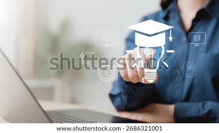 webinar, slide, deck, presentation, training, online, content, education, session, Person interacting with virtual education icons such as graduation cap, book, and light bulb.