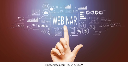 Webinar theme with hand pressing a button on a technology screen - Shutterstock ID 2354776559