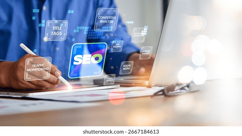 Website admins using SEO tools to get their websites ranked in top search rankings in search engine. Website improvement concept to make search results higher.
