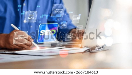 Website admins using SEO tools to get their websites ranked in top search rankings in search engine. Website improvement concept to make search results higher.