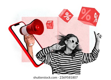 Website aliexpress advertisement collaboration express shipping seasonal sale megaphone phone display cool girl isolated on pink background