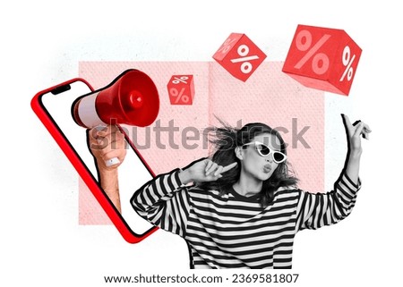 Website aliexpress advertisement collaboration express shipping seasonal sale megaphone phone display cool girl isolated on pink background