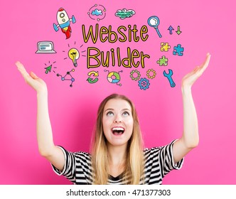 Website Builder concept with young woman reaching and looking upwards