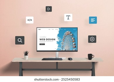 Website creation concept with modular design. Text, code, video, search, and management modules floating around web page on computer display at work desk