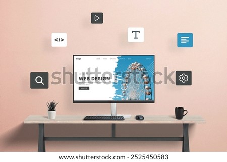 Website creation concept with modular design. Text, code, video, search, and management modules floating around web page on computer display at work desk