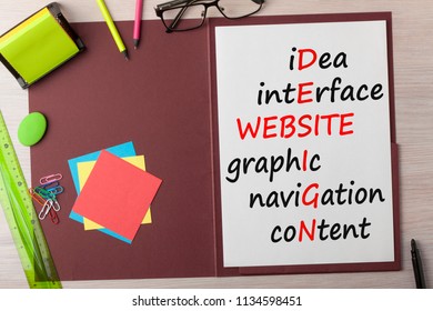 Website Design written on paper sheet in presentation folder and various stationery. Acronym, business concept. - Shutterstock ID 1134598451