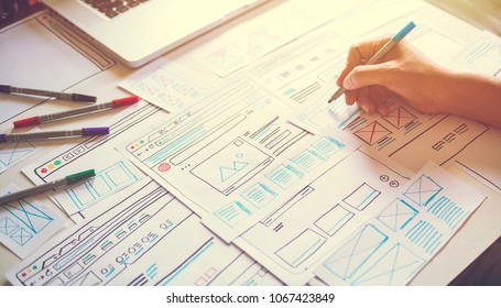 Website designer Creative planning application development  draft sketch drawing template layout framework wireframe design studio . User experience concept . - Shutterstock ID 1067423849