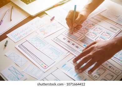 Website designer Creative planning application development  draft sketch drawing template layout framework wireframe design studio . User experience concept . - Shutterstock ID 1071664412