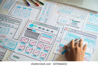 Website Designer Creative Planning Application Development  Draft Sketch Drawing Template Layout Framework Wireframe Design Studio . User Experience Concept .