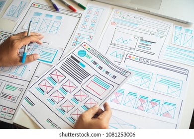 Website designer Creative planning application development  draft sketch drawing template layout framework wireframe design studio . User experience concept . - Shutterstock ID 1081253006