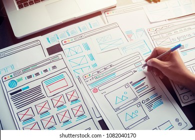 Website designer Creative planning application development  draft sketch drawing template layout framework wireframe design studio . User experience concept . - Shutterstock ID 1082040170