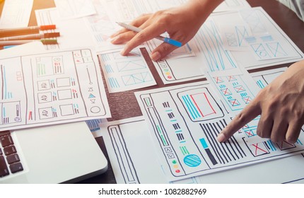 Website designer Creative planning application development  draft sketch drawing template layout framework wireframe design studio . User experience concept .