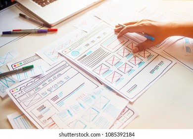 Website designer Creative planning application development  draft sketch drawing template layout framework wireframe design studio . User experience concept . - Shutterstock ID 1085392184