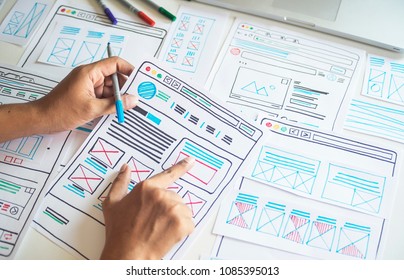 Website Designer Creative Planning Application Development  Draft Sketch Drawing Template Layout Framework Wireframe Design Studio . User Experience Concept .