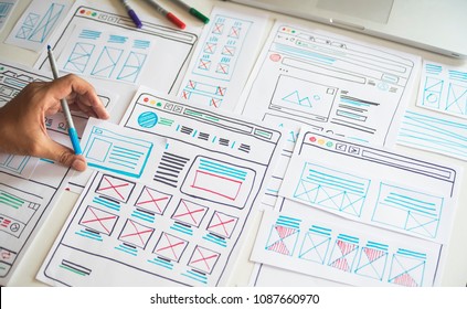 Website designer Creative planning application development  draft sketch drawing template layout framework wireframe design studio . User experience concept . - Shutterstock ID 1087660970