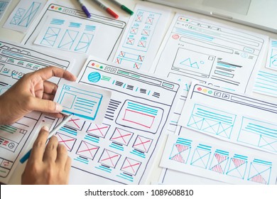 Website designer Creative planning application development  draft sketch drawing template layout framework wireframe design studio . User experience concept . - Shutterstock ID 1089608810