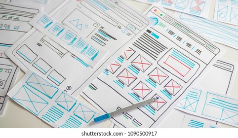 Website designer Creative planning application development  draft sketch drawing template layout framework wireframe design studio . User experience concept . - Shutterstock ID 1090500917