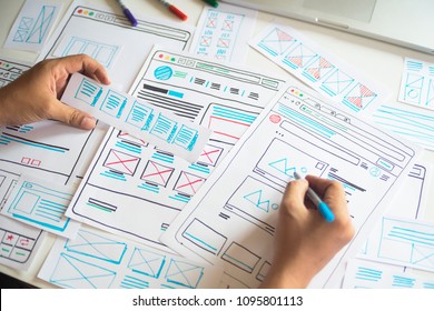 Website designer Creative planning application development  draft sketch drawing template layout framework wireframe design studio . User experience concept . - Shutterstock ID 1095801113