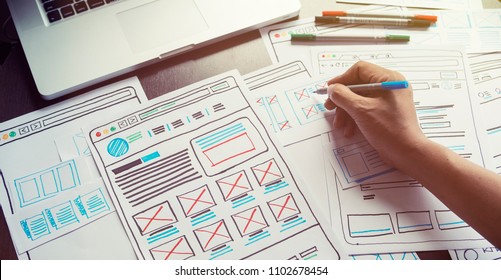 Website designer Creative planning application development  draft sketch drawing template layout framework wireframe design studio . User experience concept . - Shutterstock ID 1102678454