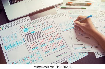 Website designer Creative planning application development  draft sketch drawing template layout framework wireframe design studio . User experience concept . - Shutterstock ID 1104389168