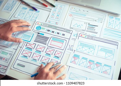 Website Designer Creative Planning Application Development  Draft Sketch Drawing Template Layout Framework Wireframe Design Studio . User Experience Concept .