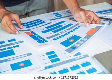 Website designer Creative planning application developer development draft sketch drawing template layout prototype framework wireframe design studio . User experience concept .