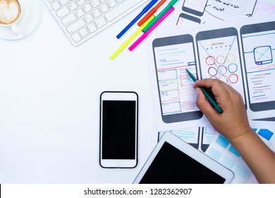 Website designer Creative planning application development draft sketch drawing template layout framework wireframe design studio . User experience concept .