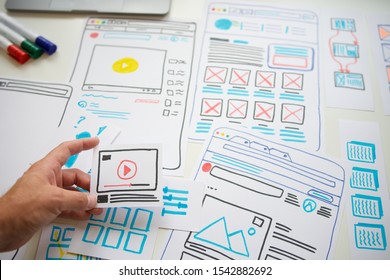 Website designer Creative planning application development draft sketch drawing template layout framework wireframe design studio . User experience concept . - Image 