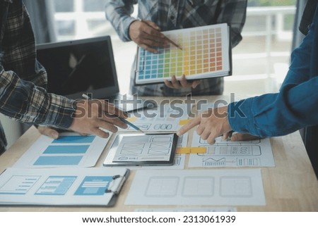 Website designer Creative planning application development draft sketch drawing template layout framework wireframe design studio . User experience concept .
