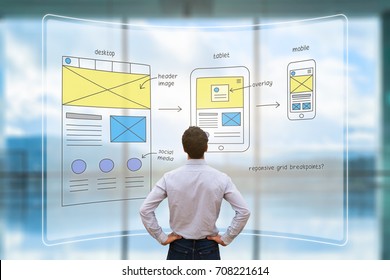 Website development UI/UX front end designer reviewing sketched wireframe layout design mockup for responsive web content with AR screen - Shutterstock ID 708221614