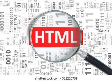 Website development and web design concept. HTML programming language inside magnifying glass in binary code.